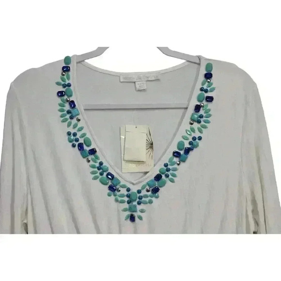 NWT Boston Proper Blouse Size XL Beaded Fringe Stretch Boho Artsy Hippie $98 - Picture 2 of 13